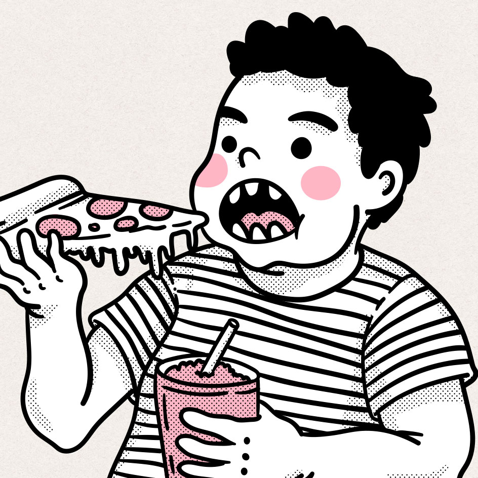 Ilustración de un niño obeso comiendo pizza y malteada.
