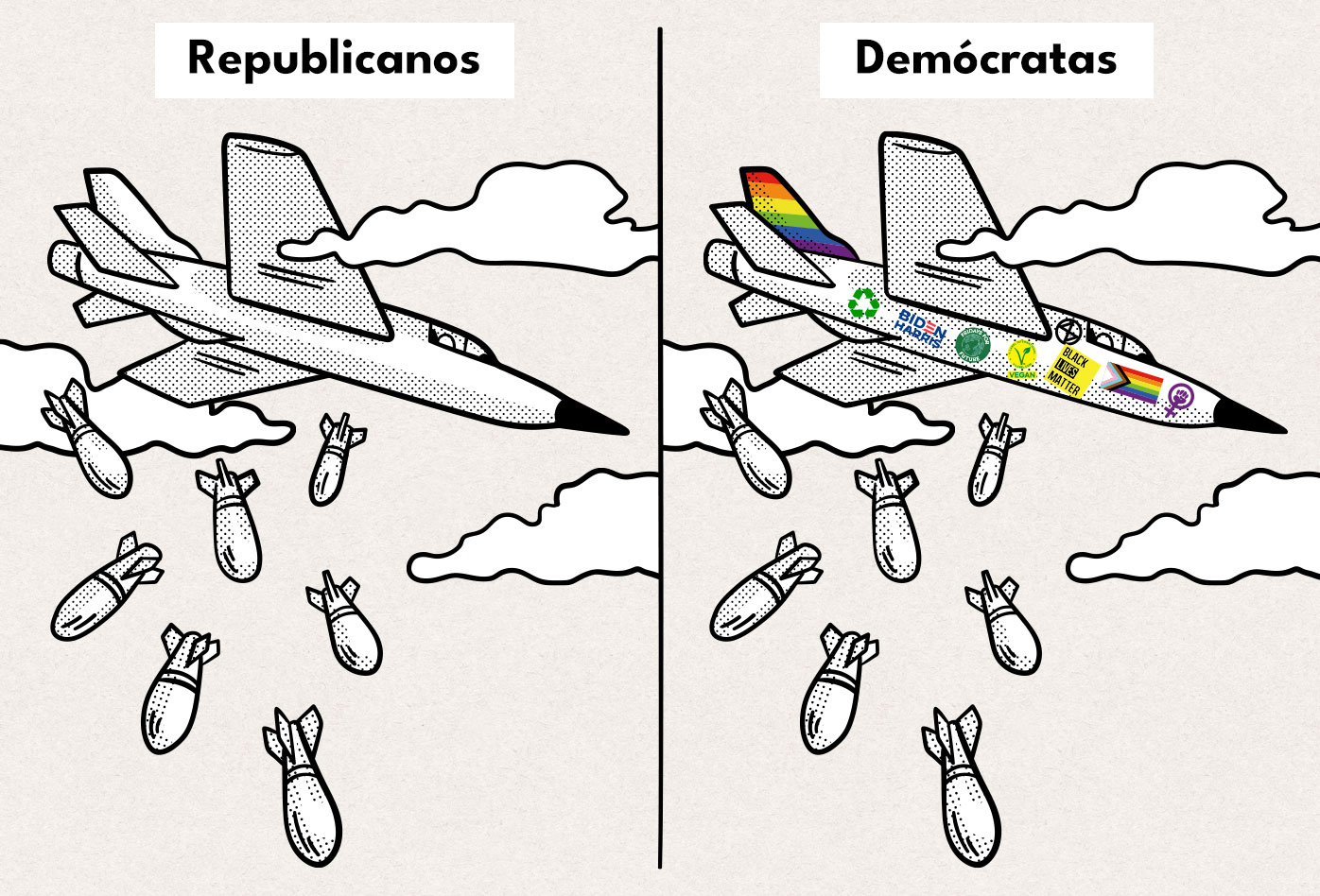 Dibujo inspirado en el meme en el que se muestra un avión bombardero republicano, y un avión bombardero demócarata, adornado con la bandera lgbtq+ y otras causas liberales
